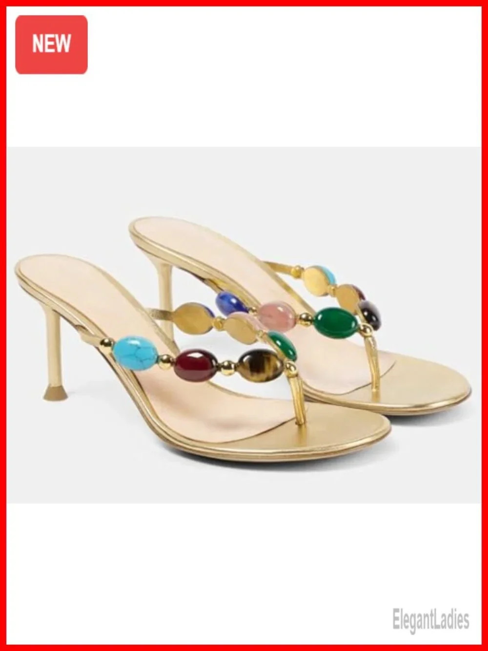 Jeweled Heeled Thong Sandals Faux Leather Stiletto Flip Flops
